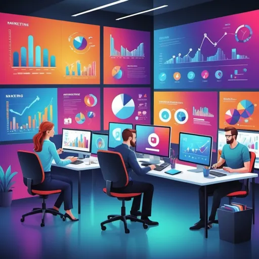 Prompt: Estrategia de Marketing Digital:
"Una ilustración colorida de un equipo de marketing trabajando en una estrategia digital, con gráficos y pantallas que muestran estadísticas de redes sociales y análisis de datos."