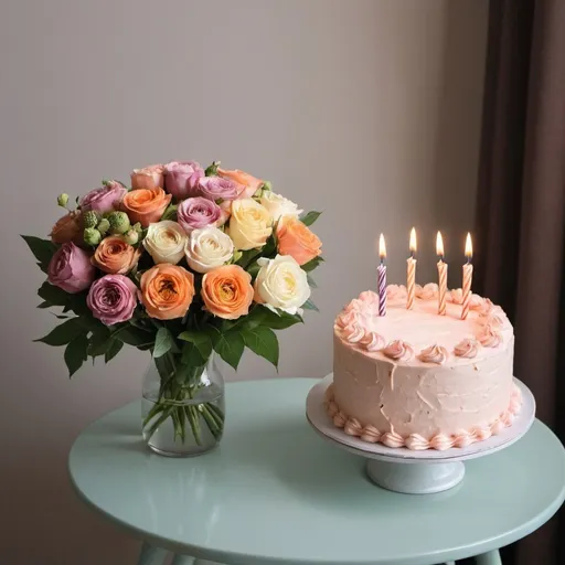 Prompt: image of a Flower bouquet and Birthday cake on a table. the tone should be pastel with an arabic touch.