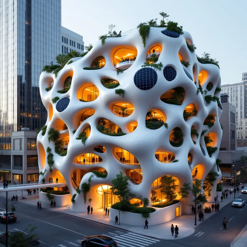 Prompt: The futuristic and sustainable rehabilitation center in Skid Row, Los Angeles, is designed with a parametric architectural approach, featuring organic and fluid forms. Composed of modular units, the building incorporates solar panels, vertical gardens, and urban farming areas, creating a self-sufficient system. Open courtyards, sports areas, and pedestrian bridges encourage social interaction and community engagement. Surrounded by high-rise buildings, the structure seamlessly integrates into the metropolitan environment while showcasing eco-friendly elements such as modern LED lighting and energy-efficient systems. This rehabilitation center provides a secure living space for homeless individuals, prioritizing sustainability and social transformation. 