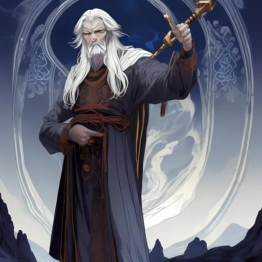 Prompt: Old Scandinavian anime stands at a towering 6'4" a lean and sinewy physique wearing a robe of deep, midnight blue, embroidered with silver and crimson symbols

His skin is pallid, resembling the color of marble. It seems untouched by the warmth of sunlight. 

eyes are deep-set and pitch-black, like twin obsidian orbs that seem to absorb all light and life around them. 

long, flowing hair is as dark as the abyss, cascading down to his shoulders in a straight