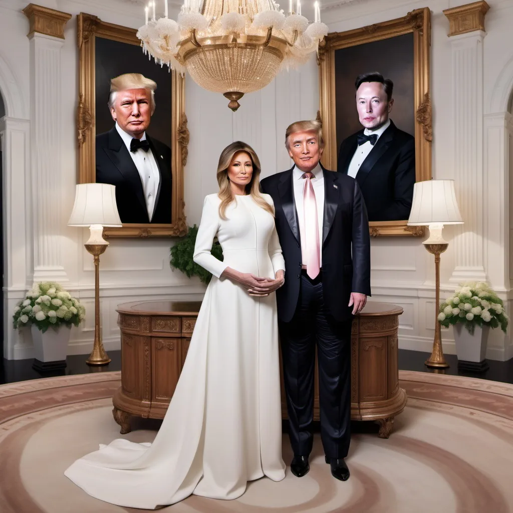 Prompt: Create a scene where Donald Trump, the president of the United States, stands proudly beside his first lady Elon Musk. They are together with their son, Vladimir Putin, in an elegant setting, showcasing a family moment of unity.