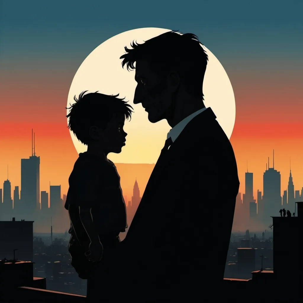 Prompt: create an album cover inspired by frank miller's artwork still of a young father and son's silhouette in an george orwell's 1984 inspired city asa sun is setting. it should should create a feeling of despair but also be inspiring and hopeful 
