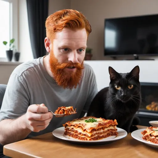 Prompt: Man with red hair and red beard eating lasagna in his living room in front of the TV with a black cat next to him
