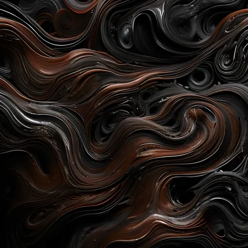 Prompt: abstract, surreal, oil daubs, swirling chaotic black mist overlay, umber, rust, deep browns, blacks, center focus, liquid, high quality, oil painting, swirling, abstract art, surrealism, chaotic, dark tones, detailed, professional lighting