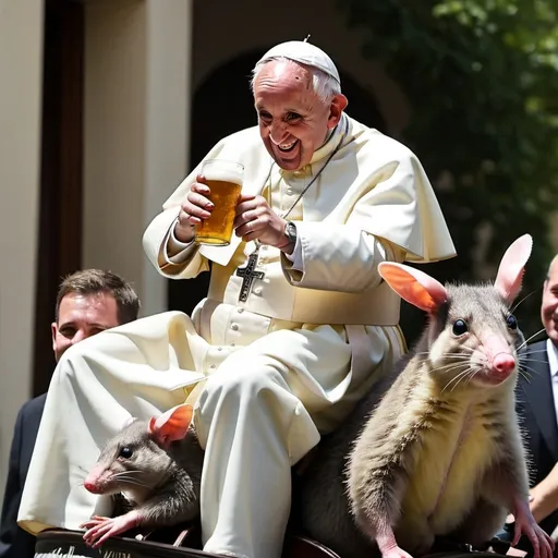 Prompt: the pope riding a possum drinking beer
