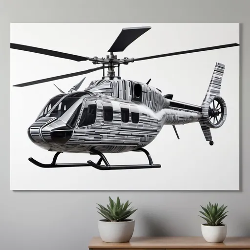 Prompt: Helicopter printed in black, grey and white geometric lines photorealistic