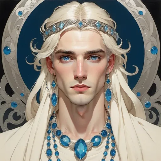 Prompt: a beautiful androgynous male god with long platinum hair, draped in jewels, blue eyes, art nouveau, coby whitmore