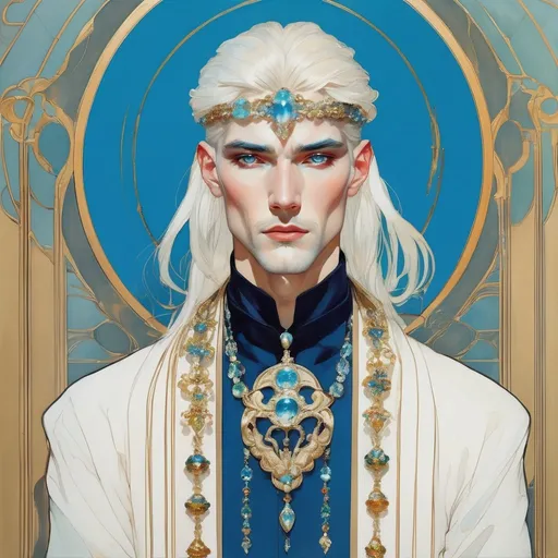 Prompt: a beautiful androgynous effeminate sultry man with long platinum hair, wearing makeup, draped in jewels, blue eyes, art nouveau, coby whitmore, manga