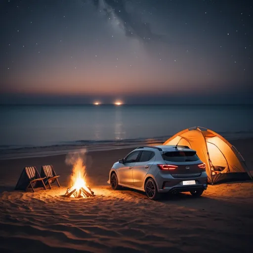 Prompt: for a facebook cover size. 
a gray mirage hatchback car on the side of the beach at night with a tent and bonfire.showing stars in the background.  theme cinematic . car on the side of the frame focuses on the landscape and background


