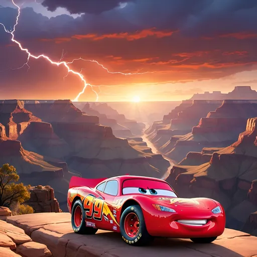 Prompt: Create a high definition image Lightning McQueen from Disney Pixar movie with a scenic sunset background in Grand Canyon 
