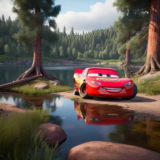 Prompt: Disney Pixar lightning McQueen in a forest next to a lake, high quality, unreal engine