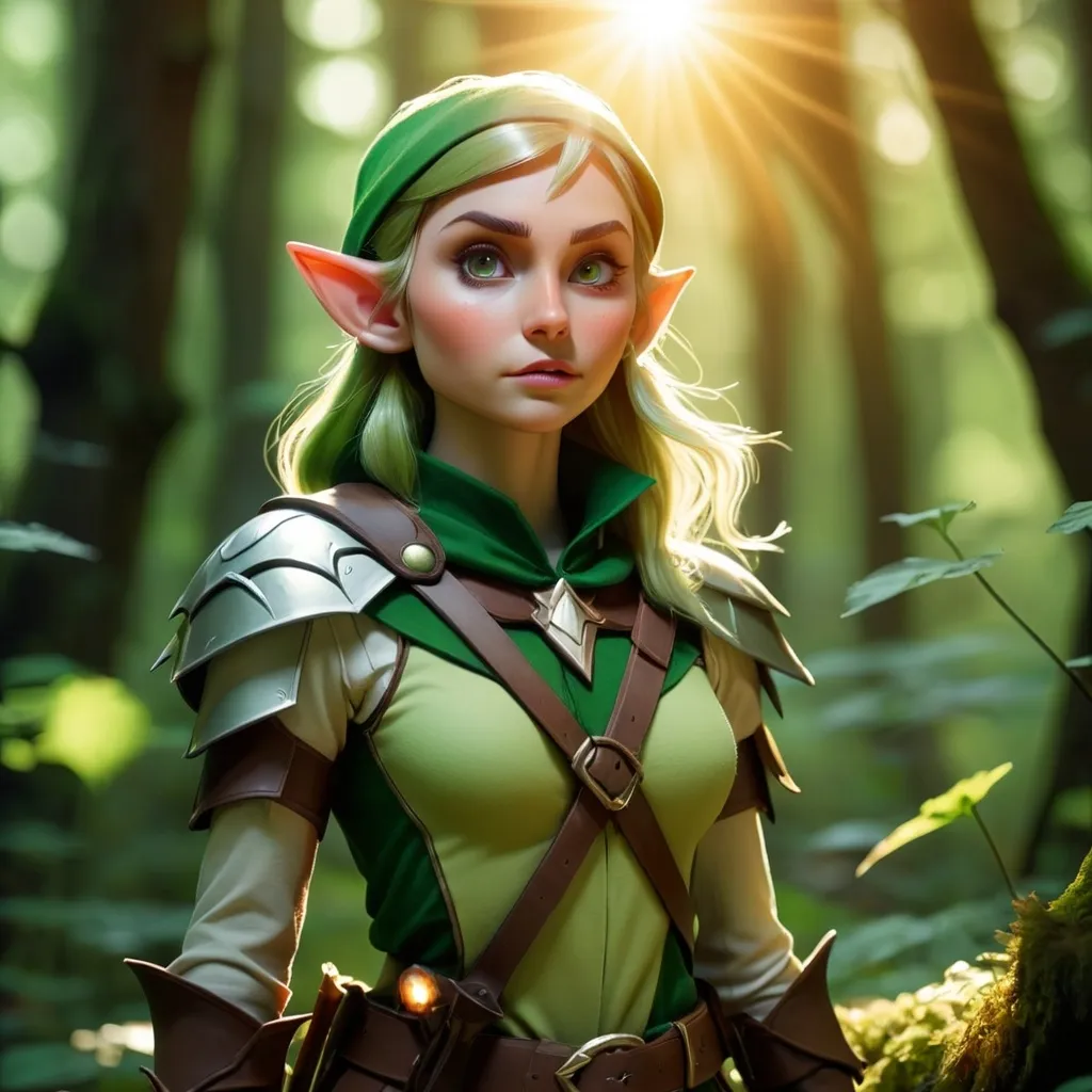 Prompt: Elf ranger in a mystical forest around sunlight