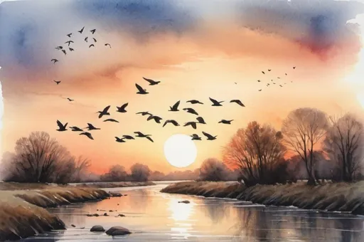 Prompt: With realistic textures, a watercolor painting shows a flock of birds flying over a river at sunset.

