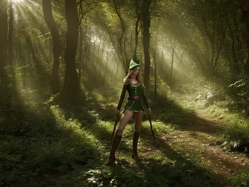 Prompt: Elf ranger in a mystical forest around sunlight