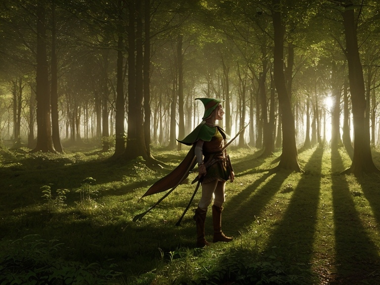 Prompt: Elf ranger in a mystical forest around sunlight