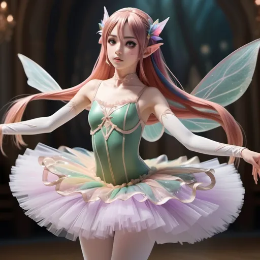 Prompt: Kirito in Queen Titania Multicolored Ballerina Tutu and Multicolored Leotard and Multicolored Tights and Makeup and Ballerina Pointe Shoe and Frills And Mix Long Hair and Multicolored Hair Color and Pointy Ears and Elf, 8k, detailed, best quality, ultra detailed, detailed eyess