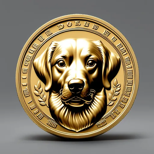 Prompt: Here’s a detailed prompt you can use to generate an image of a golden coin with a dog face:

"Generate a highly detailed image of a shiny golden coin. The coin should have intricate engravings around its edge, resembling old-world craftsmanship. In the center, prominently display the face of a dog, engraved in fine detail. The dog should have a noble and regal expression, with its fur texture clearly visible. The lighting should reflect off the coin's surface, highlighting its metallic sheen and the details of the engraving. The background should be simple, allowing focus on the coin."

You can modify it based on the specific breed or style you'd like for the dog face!