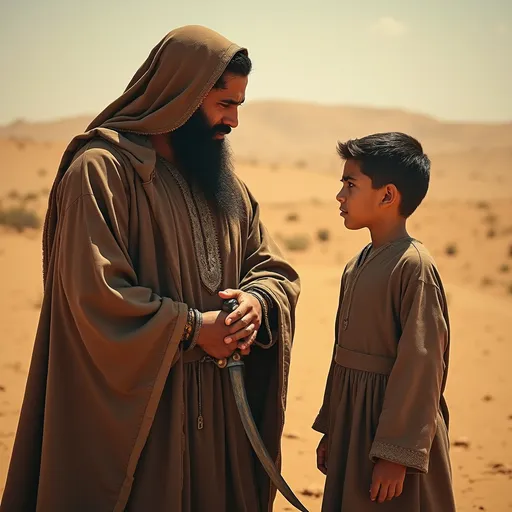 Prompt: "A dramatic, emotional desert scene showing a Middle Eastern man in a brown traditional robe and hood, with a long beard, holding a curved dagger or sword. He looks sorrowfully at a young boy beside him, who is dressed in similar traditional clothing, looking up with sadness and confusion