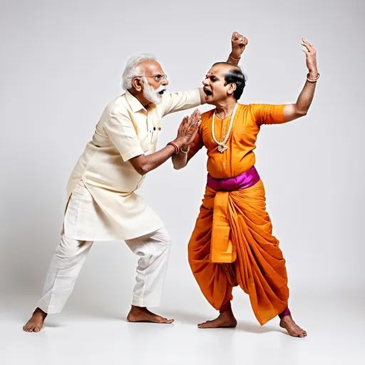 Prompt: Politician Grandfather shouting at male bharatnatyam Dancer (white background)