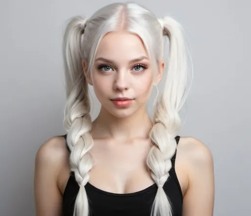 Prompt: luxury woman with white platinum long hair in pigtails and white skin ID photo