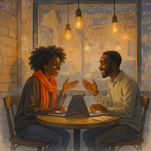 Prompt: In a cozy, softly lit coffee shop, two black individuals sit at a small table, their laptops open but their eyes locked in deep conversation, showcasing the magic of online dating. The warm golden glow of hanging Edison bulbs casts gentle shadows on the rustic wooden furniture, creating an inviting and intimate atmosphere. Outside, a light drizzle of rain taps against the windowpane, enhancing the feeling of connection within the cozy sanctuary. The woman, with a playful smile, leans forward slightly, her vibrant scarf a splash of color against the muted backdrop, while the man, wearing a relaxed expression, gestures animatedly, emphasizing a shared joke. The interactions between them are electric, underscoring the thrill of finding love in the digital age. This scene captures a blend of romance and hope, rendered in a dreamy watercolor illustration for a whimsical touch.