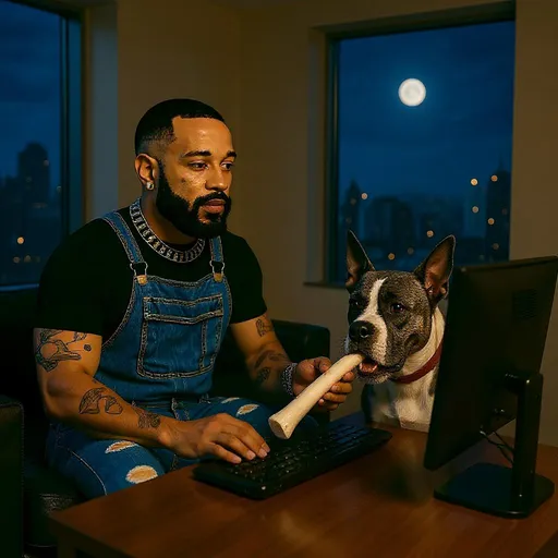 Prompt: Man is typing on a computer in his bedroom office at nighttime in Chicago. His gray and white pit bull is beside him eating a large white bone.