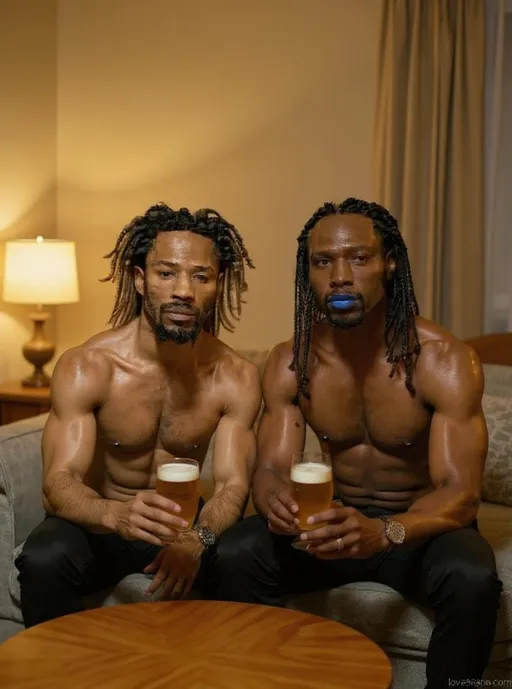 Prompt: Both men are sitting on a bed in a hotel holding beers and smoking cigars 
