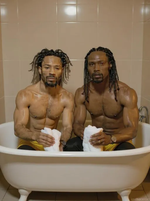 Prompt: Remove the beer out of the men's hands and put bath towels in their hands 