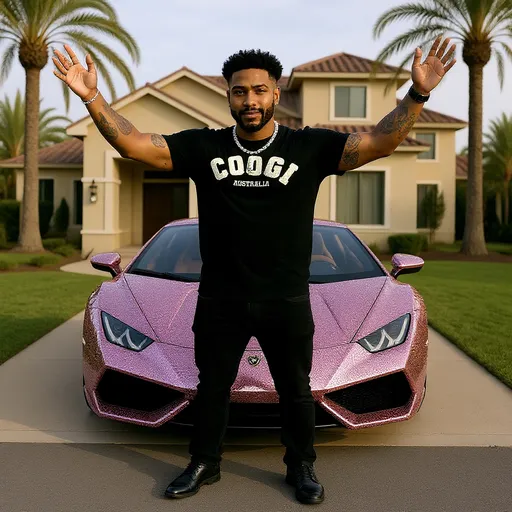 Prompt: Man is standing in front of a pink rhinestone Lamborghini with his arms in the air. He is not holding a cup.