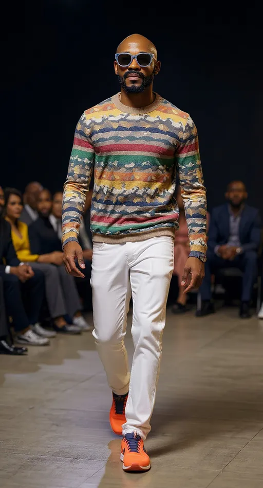 Prompt: Man is wearing a colorful sweater, a pair of white colorful jeans, oversized sunglasses, and a pair of colorful sneakers. 