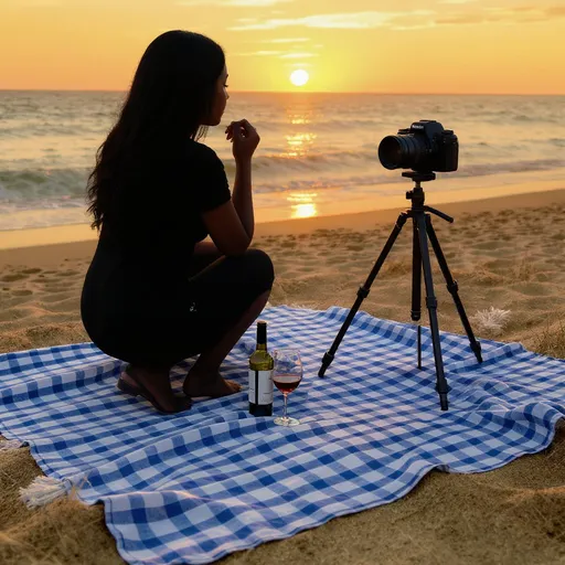 Prompt: Add a camera on a tripod stand and the silhouette of a black woman with long hair