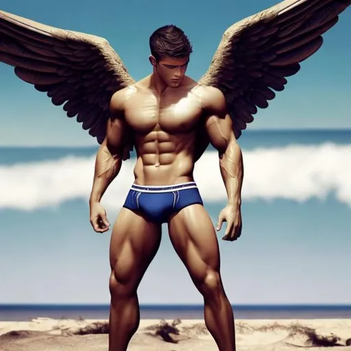 Prompt: I am starting a underwear line, called Charlie’s Angelitos. What I’m looking for is a image with a muscular body with Angel, wings and a nice face posing on a beach lying down. It needs to have wings attached to the body as if an angel. I need the man to be of Hispanic origin, South American, preferably Can you create the image less muscular?