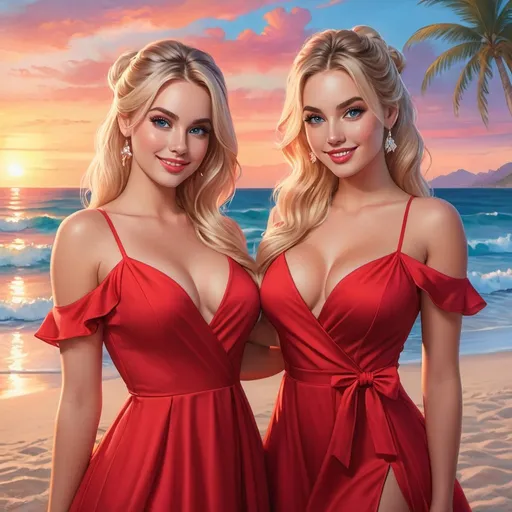 Prompt: a full body picture a beautiful pair of twins, 28 years old with long blonde hair in updo bun and the other with soft pink beach wave hair, posing together large blue eyes wearing red dresses and smiling at the camera, Artgerm, fantasy art, realistic shaded perfect face, a detailed painting, bright sunset resort backround