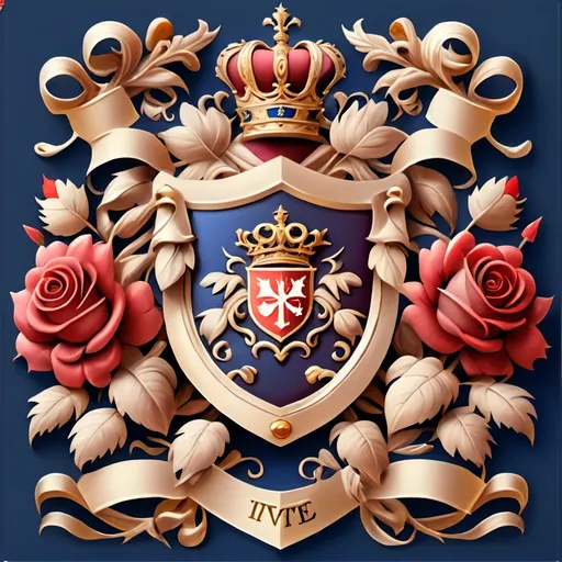 Prompt: Family royal crest, elegant Tibbs family coat of arms, featuring a realistic shield adorned with knights helmet at the center topped with a regal crown. Stylish roses entwined beautifully around the crest, against a royal blue background. Exquisite gold accents complement the deep red colors, with four small crosses elegantly positioned at the bottom of the shield, capturing timeless grandeur and sophistication, HD, ultra-detailed.