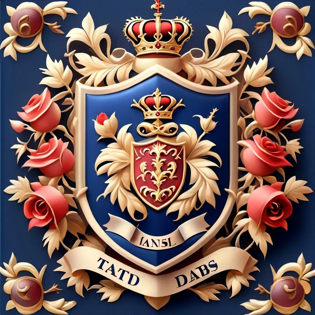 Prompt: Family royal crest, elegant Tibbs family coat of arms, featuring a realistic shield adorned with knights helmet at the center topped with a regal crown. Stylish roses entwined beautifully around the crest, against a royal blue background. Exquisite gold accents complement the deep red colors, with four small crosses elegantly positioned at the bottom of the shield, capturing timeless grandeur and sophistication, HD, ultra-detailed.