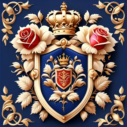 Prompt: Family royal crest with roses, and royal blue background gold and elegant 