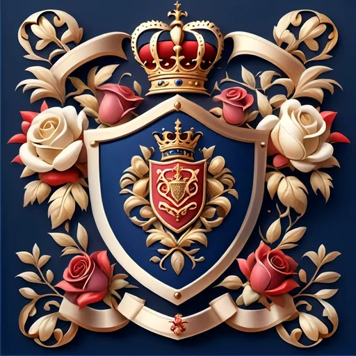 Prompt: Family royal crest, elegant Tibbs family coat of arms, featuring a realistic shield adorned with knights helmet at the center topped with a regal crown. Stylish roses entwined beautifully around the crest, against a royal blue background. Exquisite gold accents complement the deep red colors, with four small crosses elegantly positioned at the bottom of the shield, capturing timeless grandeur and sophistication, HD, ultra-detailed.
