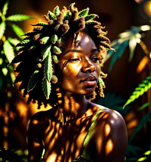 Prompt: Beautiful black woman with natural hair and glowing skin, vibrant and detailed cannabis plant in the background, realistic digital painting, warm and earthy color tones, soft natural lighting, high quality, realistic, detailed hair, glowing skin, colorful cannabis plant, natural beauty, professional, earthy tones, atmospheric lighting