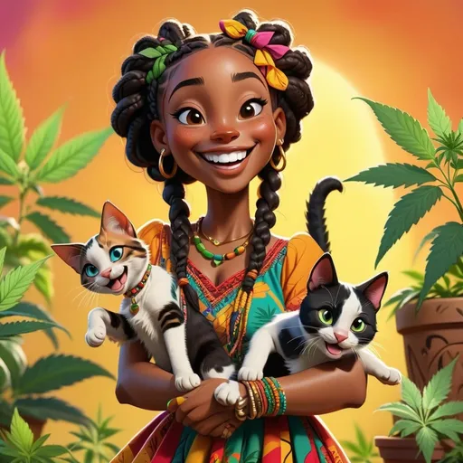 Prompt: Disney style black woman with braids and a happy smile, vibrant colors, sunny and surrounded by cannabis plants wearing traditional african swahili dress. She has a puppy Dog and a cat is promoting CBD for pets as a cure for an illness. she has a dog in one arm and a kitten in the other arm 

