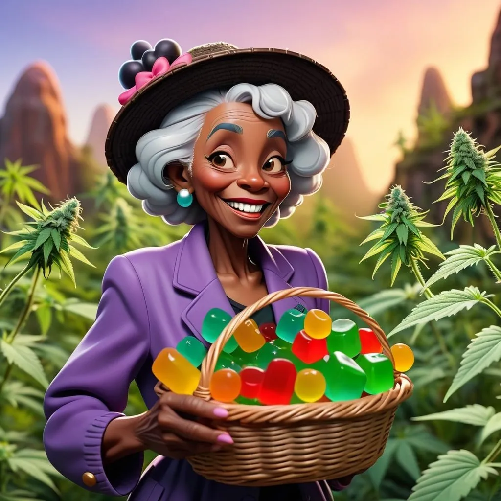 Prompt: Disney style black elderly women with a basket of cannabis gummies
cannabis plants  land scape  