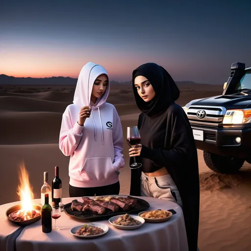 Prompt: i want to create an image of a man wearing black and blue hoodie and women wearing hoodie white pink color in arabian desert barbecue setting with bottle of wine also drinking it, it's night time. there is a toyota landcruiser vehicle nearby ,no hijab on girl but arab face