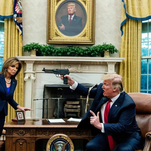 Prompt: Trump pointing and firing AK-47 with Nancy polosi in front of him in Oval Office 