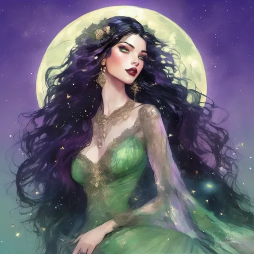 Prompt: Realistic hyper detailed, integrate, Whimsical, fantasy, magical, Gorgeous, beautiful fit, toned, Goddess of the moon long flowing black hair, green eyes, Red lips in a integrated, lace dress  lilac hue from the moon as the stars glitter in her  hair in gold  warm and inviting in the style of Thomas Kinkade 
