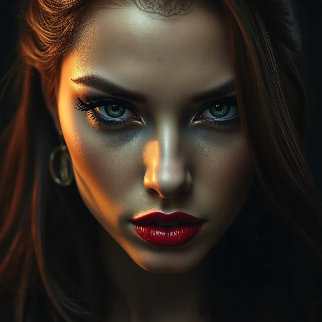 Prompt: Noir image of An exquisite woman with enticing eyes and dark red lips. looking deeply into the camera. looking as if she was in your soul. she has a smokey eye, with a gothic fantasy style, dark brown to wine red ombre hair. magnificent, alluring, dark fantasies, gangsters, overly detailed, complex details with high detail, Greg Rutkowski