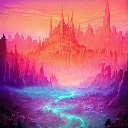 Prompt: (mystical skyline at dusk), serene fantasy landscape, (muted color scheme), sky awash in muted teal, purple, pink, orange, gentle glow, (dreamlike ambiance), magical elements like distant castles and floating islands, lush greenery, soft clouds blending into colors, (ultra-detailed), (4K quality), enchanting atmosphere, tranquil vibes.