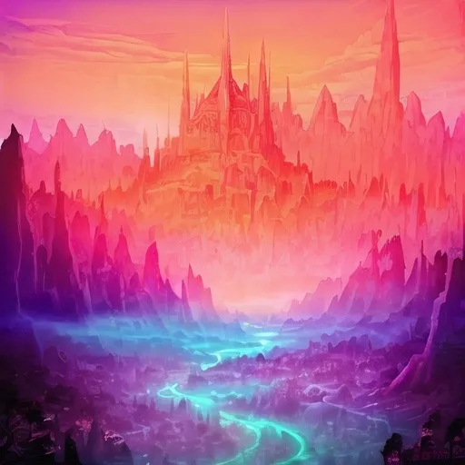 Prompt: (mystical skyline at dusk), serene fantasy landscape, (muted color scheme), sky awash in muted teal, purple, pink, orange, gentle glow, (dreamlike ambiance), magical elements like distant castles and floating islands, lush greenery, soft clouds blending into colors, (ultra-detailed), (4K quality), enchanting atmosphere, tranquil vibes.