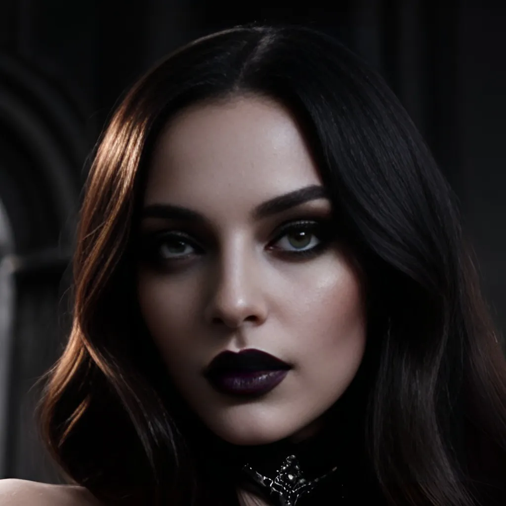 Prompt: Noir image of An exquisite woman with enticing eyes and dark red lips. looking deeply into the camera. looking as if she was in your soul. she has a smokey eye, with a gothic fantasy style, dark brown to wine red ombre hair. magnificent, alluring, dark fantasies, gangsters, overly detailed, complex details with high detail, Greg Rutkowski