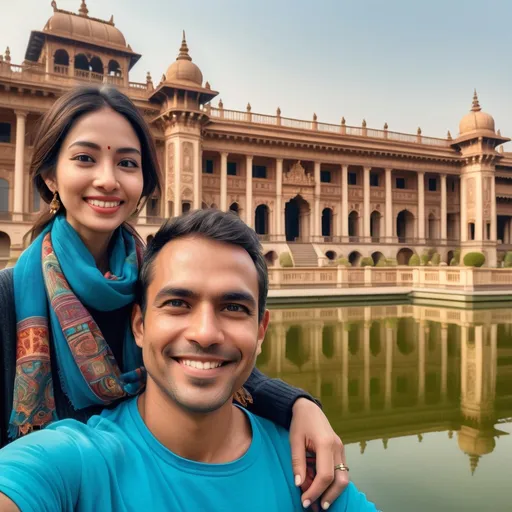Prompt: In a serene outdoor setting, a smiling couple poses in front of an architecturally rich palace, its intricate details and columns beautifully reflected in the still water of a pond below. The woman, wearing a vibrant scarf with intricate patterns, stands closely behind the man, whose relaxed expression adds to the warm atmosphere of the scene. The time seems to be early evening, as the soft ambient light casts a gentle glow on their faces and the surrounding structures. Behind them, the grandeur of the palace, adorned with decorative motifs, contributes to the sense of cultural heritage and tranquility in the moment. The overall mood combines joy and appreciation, capturing a delightful experience in a picturesque location.
