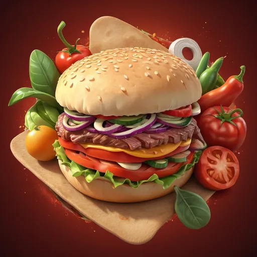 Prompt: Realistic digital illustration of a mouth-watering Donner kebab logo, vibrant colors, juicy meat rotating on spit, fresh vegetables, appetizing pita bread, high quality rendering, detailed textures, realistic lighting, professional, appetizing, vibrant colors, detailed meat, succulent vegetables, appetizing presentation, realistic digital illustration