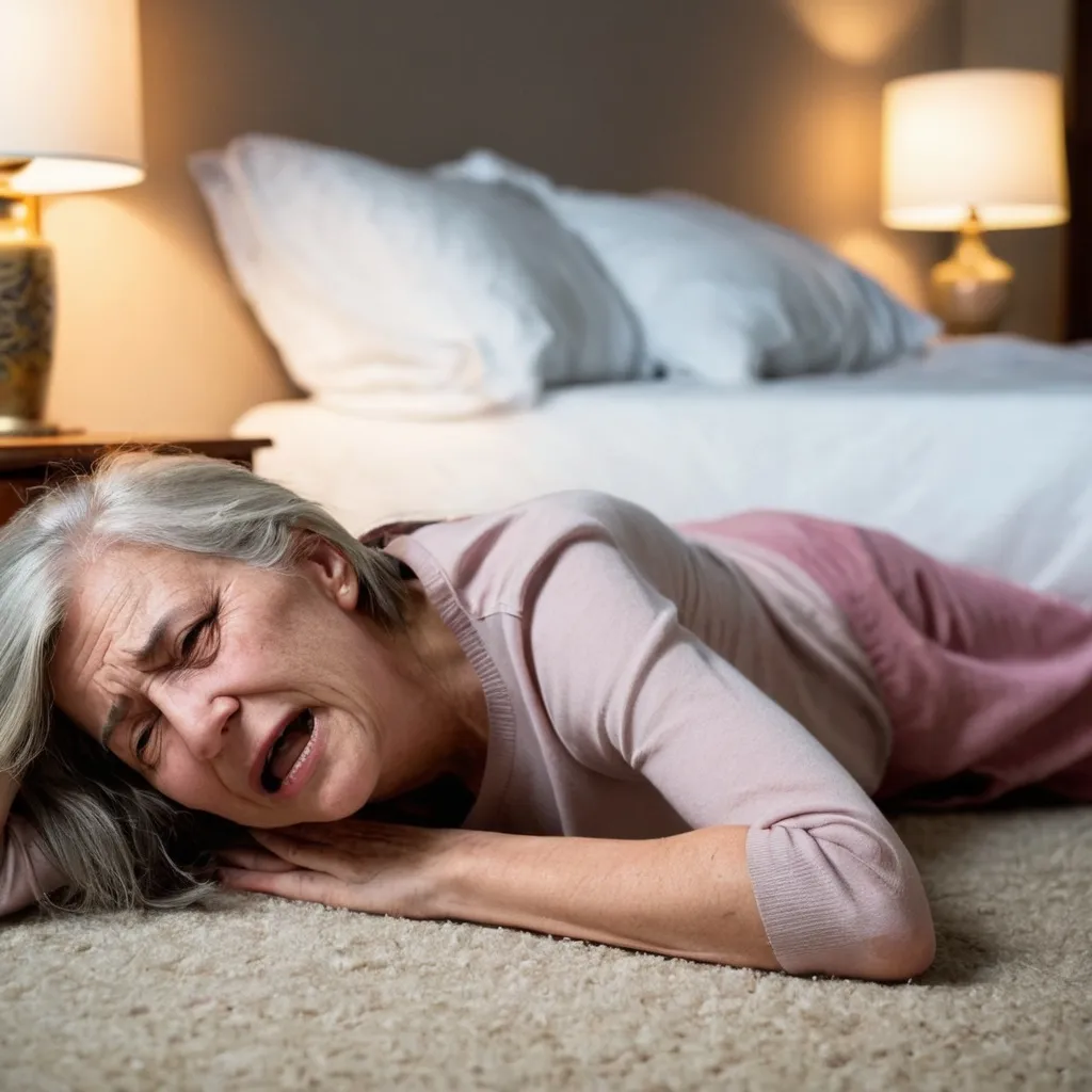 Prompt: Senior female grimacing in pain lying on his bedroom floor next to her bed and nightstand.